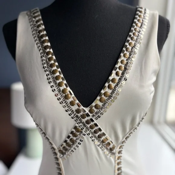 Bebe Cream Bodycon Sleeveless Mini Dress with Gold Studs & Sequins - Sexy Party - Picture 4 of 16